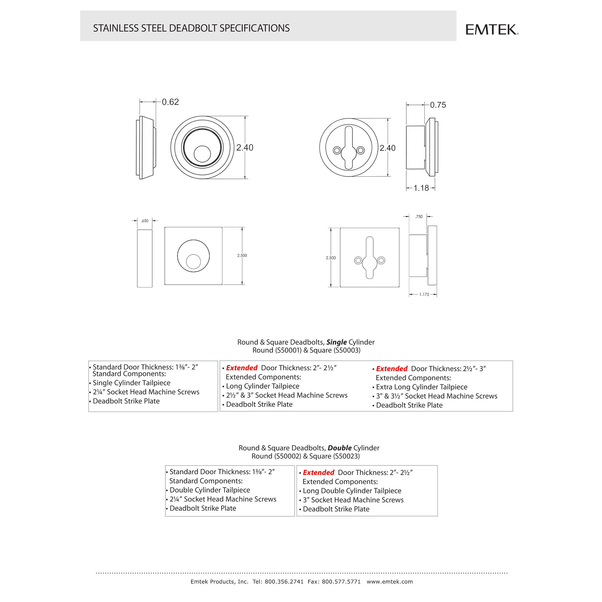 Stainless Steel Square Keyed Deadbolt Emtek