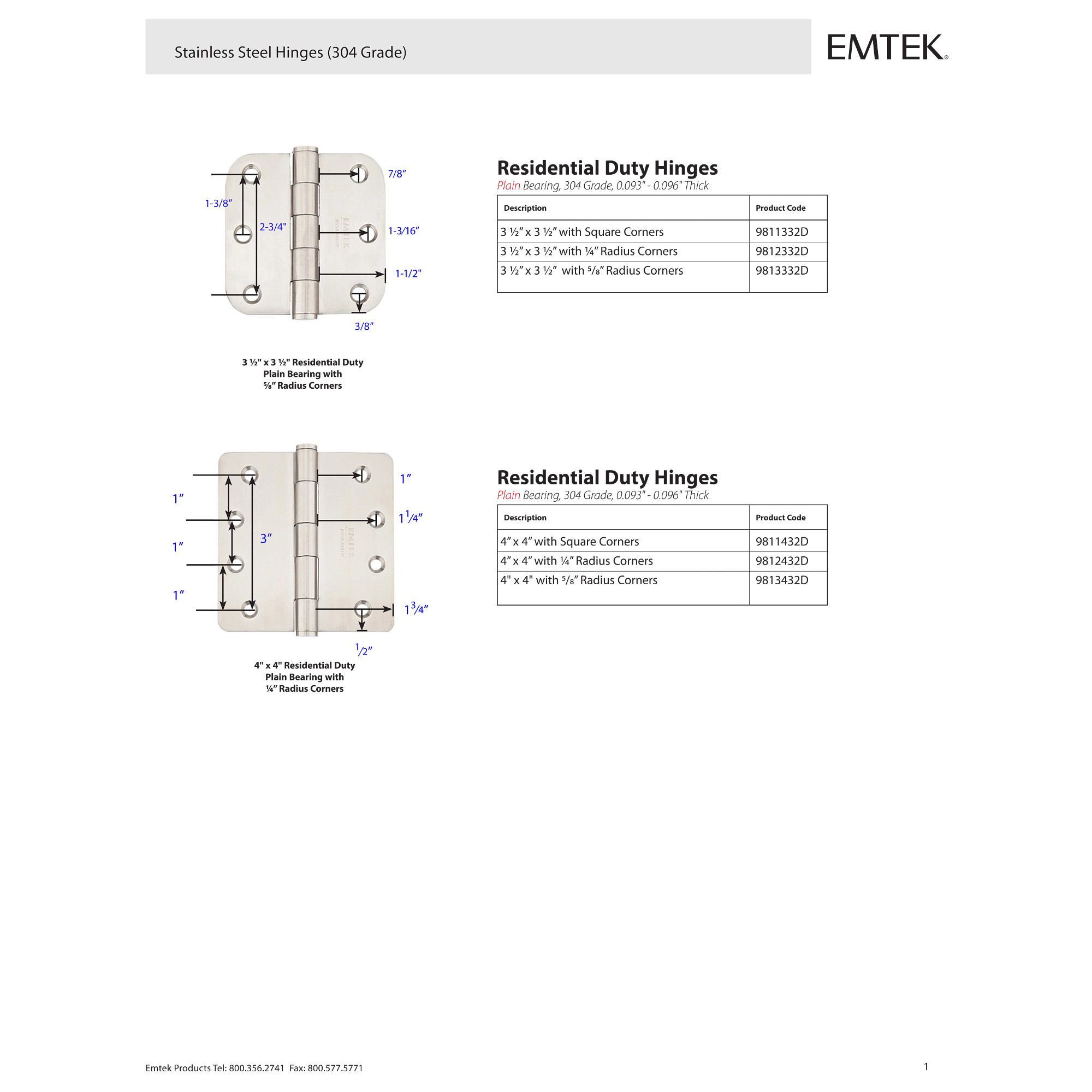 Heavy Duty Steel, Ball Bearing Hinge Emtek
